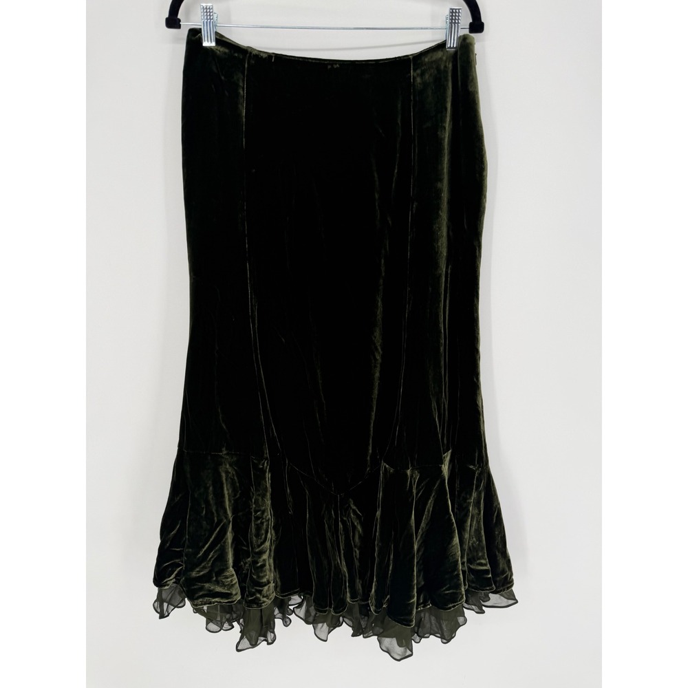 RALPH LAUREN VINTAGE OLIVE GREEN SILK BLEND VELVET RUFFLE HEM MIDI SKIRT SZ 10